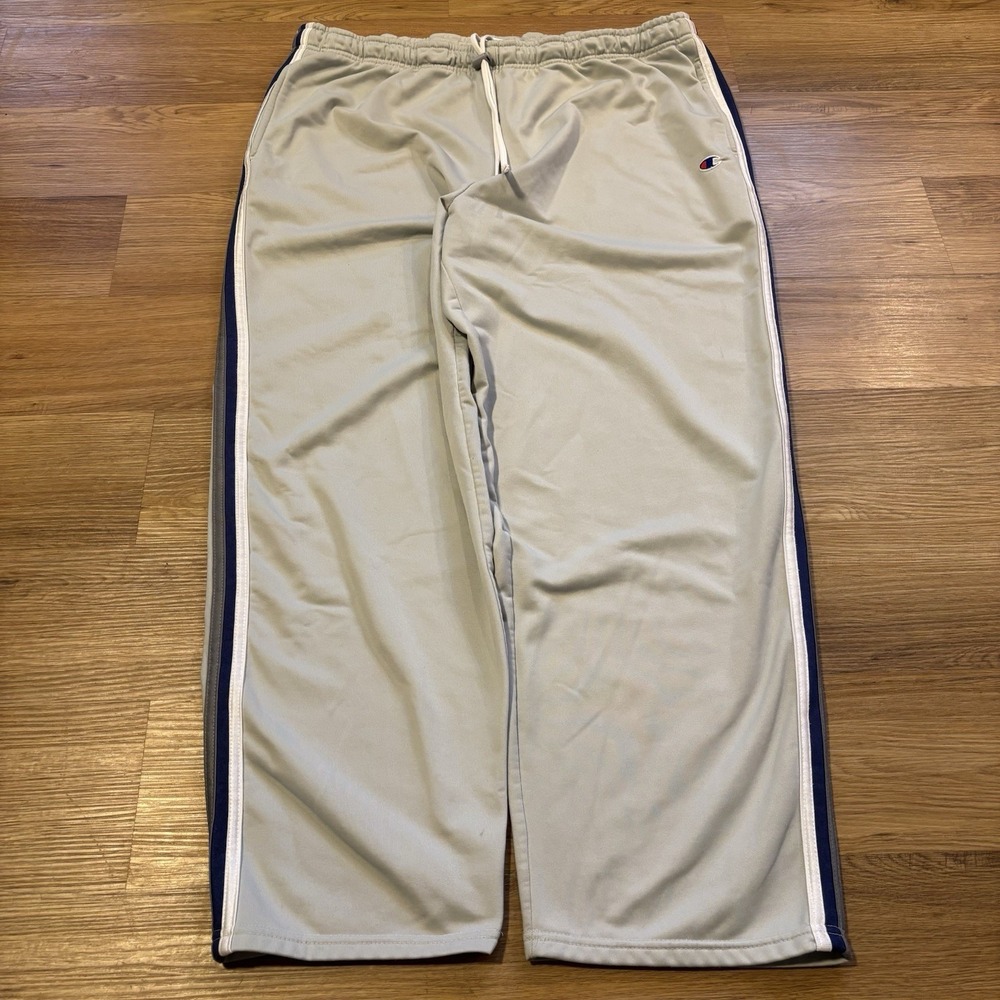 Vintage Champion Track Pants Mens 2XL Sweatpants Gray Blue/White Stripe 90s Y2K